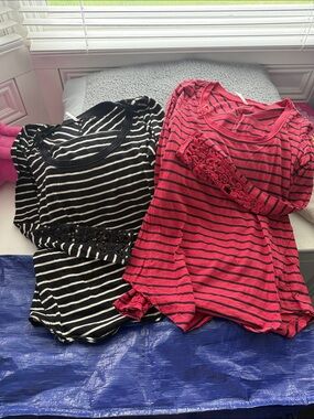 Free People Striped Long-Sleeve Tees in Red and Black